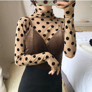 Mock Turtleneck Long-sleeve Dotted Top / Velvet Camisole