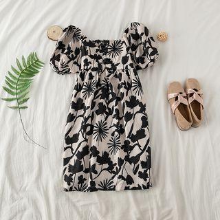 Floral V-neck Backless Short-sleeve Dress Black & White - One Size