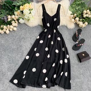 V-neck Dotted Sleeveless Midi A-line Dress