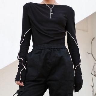 Contrast Trim Boatneck Long-sleeve T-shirt Black - One Size