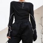 Contrast Trim Boatneck Long-sleeve T-shirt Black - One Size