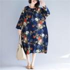 Long-sleeve Floral Print Midi Dress Multicolor - One Size