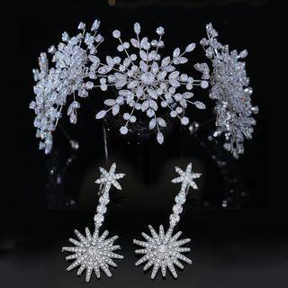 Set : Wedding Rhinestone Tiara + Dangle Earring Crown & Dangle Earring - Red - One Size