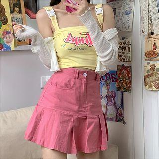 Lettering Crop Tank Top / Denim Mini A-line Skirt