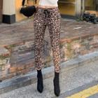 Drawstring Piped Leopard Leggings Pants Leopard - One Size