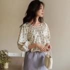 Balloon-sleeve Shirred Floral Blouse