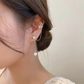 Flower Rhinestone Faux Pearl Chained Alloy Dangle Earring 1 Pair - My31203 - Faux Pearl & Rhinestone - Silver - One Size
