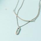 Oval Rhinestone Curve Bar Pendant Layered Alloy Necklace Smile Oval Necklace - Silver - One Size