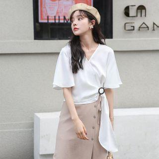 Elbow-sleeve Wrap Blouse