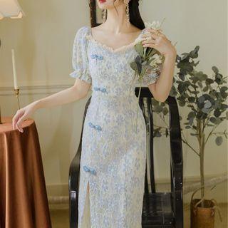 Flower Lace Short-sleeve Midi Sheath Dress