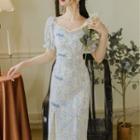 Flower Lace Short-sleeve Midi Sheath Dress