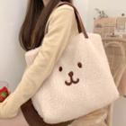 Cartoon Embroidered Faux Shearling Tote Bag Off-white - One Size