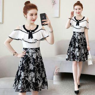 Floral Print Panel Cold Shoulder A-line Dress