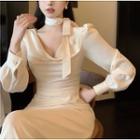 Long-sleeve Cowl Neck Plain Midi Dress