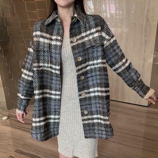 Plaid Buttoned Coat Gray - One Size