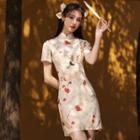 Short-sleeve Crane Print Lace Qipao