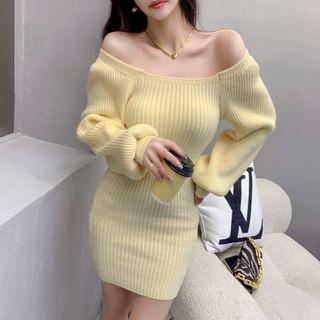 Off-shoulder Ribbed Knit Mini Sheath Dress