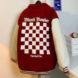 Check Print Color Block Baseball Jacket