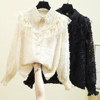 Collared Mesh Trim Lace Blouse