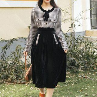 Set: Houndstooth Blouse + Midi A-line Skirt