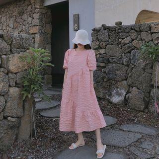 Puff-sleeve Crinkled Long Tiered Dress