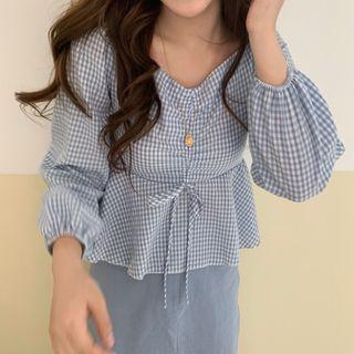 3/4-sleeve Frill Trim Gingham Top / Slit Midi Skirt