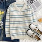 V-neck Striped Sweater Striped - Blue & White - One Size