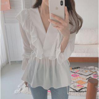 Elbow Sleeve V-neck Ruffled Chiffon Blouse