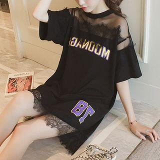 Short-sleeve Lace Panel Lettering T-shirt Dress
