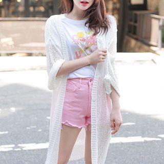 Drop-shoulder Open-knit Long Cardigan