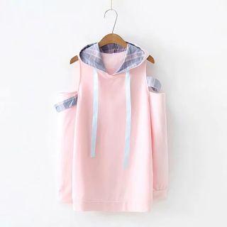 Plaid Panel Cold-shoulder Hoodie Pink - One Size