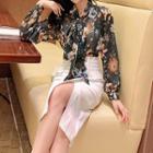 Long-sleeve Floral Chiffon Blouse / Slit Midi Fitted Skirt