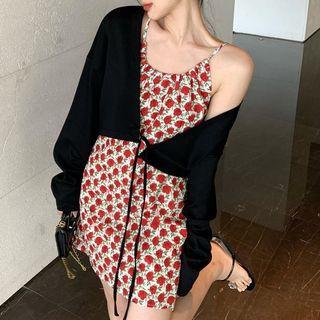 Plain Cardigan / Spaghetti Strap Floral Mini Smock Dress