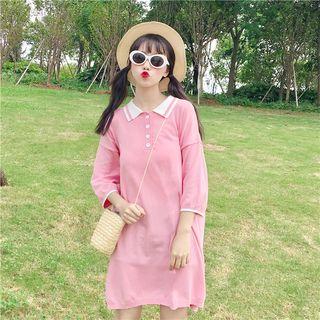 Color Panel 3/4 Sleeve Polo Shirt Dress