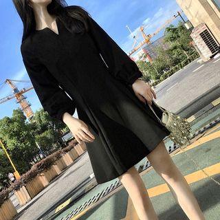 Plain Split-neck Long-sleeve A-line Dress