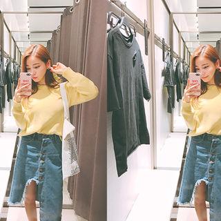 Button-down Cutout Denim Midi Skirt