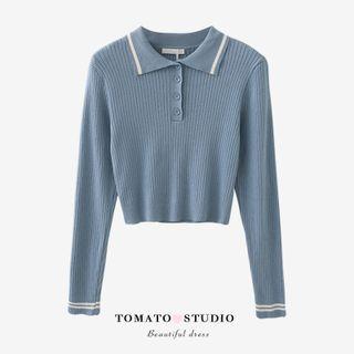 Two Tone Striped Button-up Cropped Knit Top