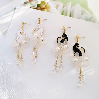 Alloy Cat Faux Pearl Flower Fringed Earring