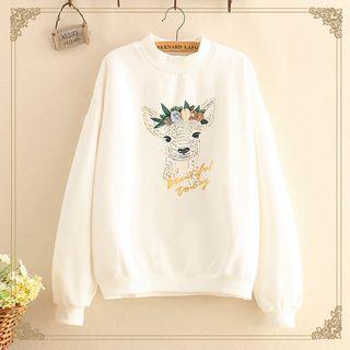 Floral-accent Deer Print Fleece-lined Sweater