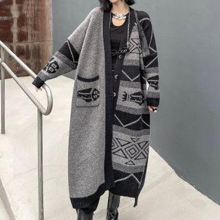 Geometric Print Long Knit Cardigan