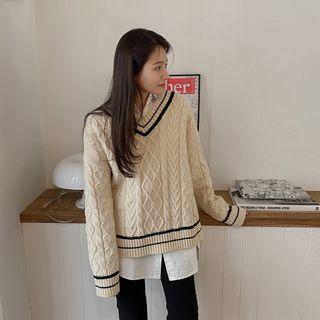 V-neck Ringer Cable-knit Sweater Cream - One Size
