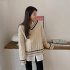 V-neck Ringer Cable-knit Sweater Cream - One Size