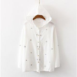Rose Embroidered Hooded Light Jacket White - One Size