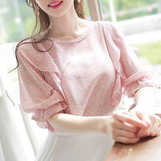 Round-neck Ruffle-trim Floral Sheer Top