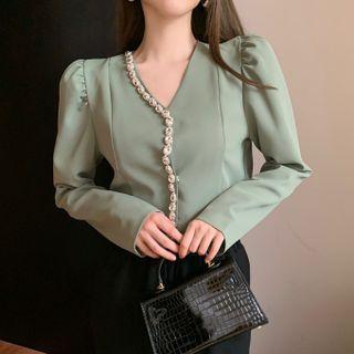 Puff Sleeve Rhinestone Cropped Blazer