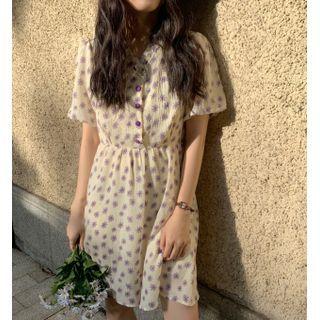 Short-sleeve V-neck Floral Print Midi Dress / Mini A-line Dress