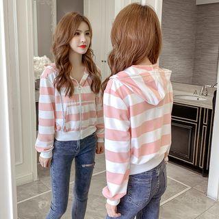 Long-sleeve Striped Tie-waist Lettering Hooded Jacket