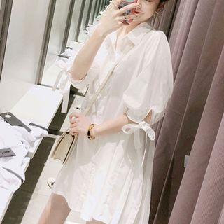 3/4-sleeve Pleated Paneled Mini Shirt Dress