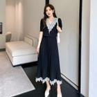 Short-sleeve Lace Trim Crop Blouse / Midi A-line Skirt