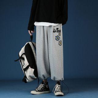 Drawstring-cuff Flower Embroidered Wide-leg Pants